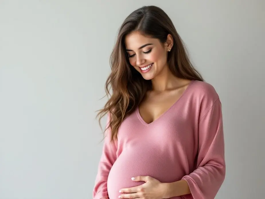 Pregnant woman smiling in modern home with green plants, representing healthy 
omega-3 nutrition during pregnancy for fetal brain development
