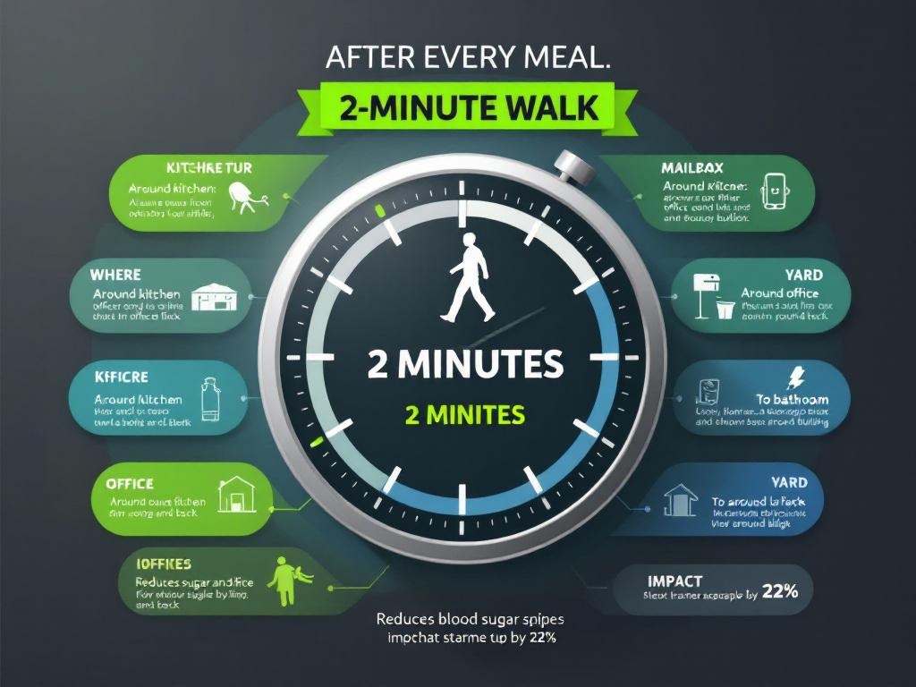 Two-minute post-meal walk timer infographic showing various locations to walk
and demonstrating 22% blood sugar reduction benefit from light activity after eating