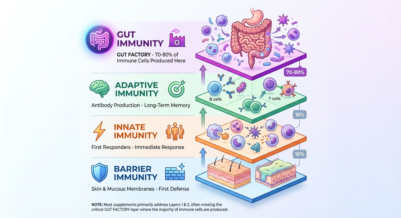 4-layer immunity system infographic showing gut barrier, innate immunity, adaptive immunity, and cellular repair