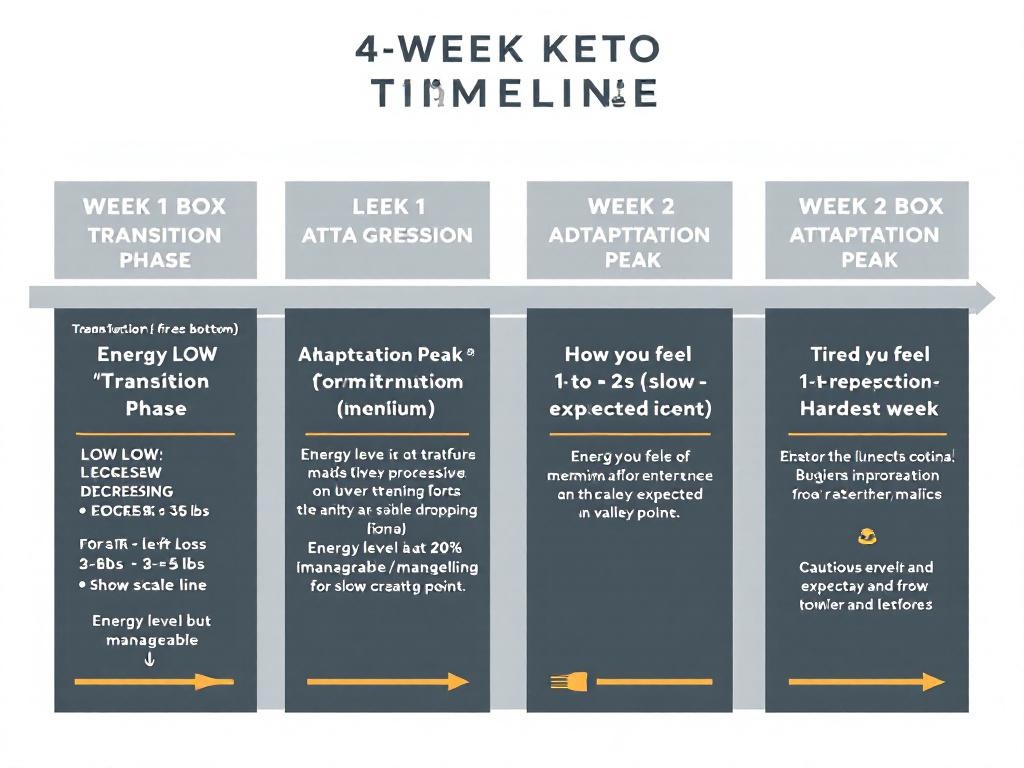 Four-week ketogenic diet progression timeline showing daily energy levels, appetite, weight loss, and metabolic changes from week 1 transition phase through week 4 momentum phase