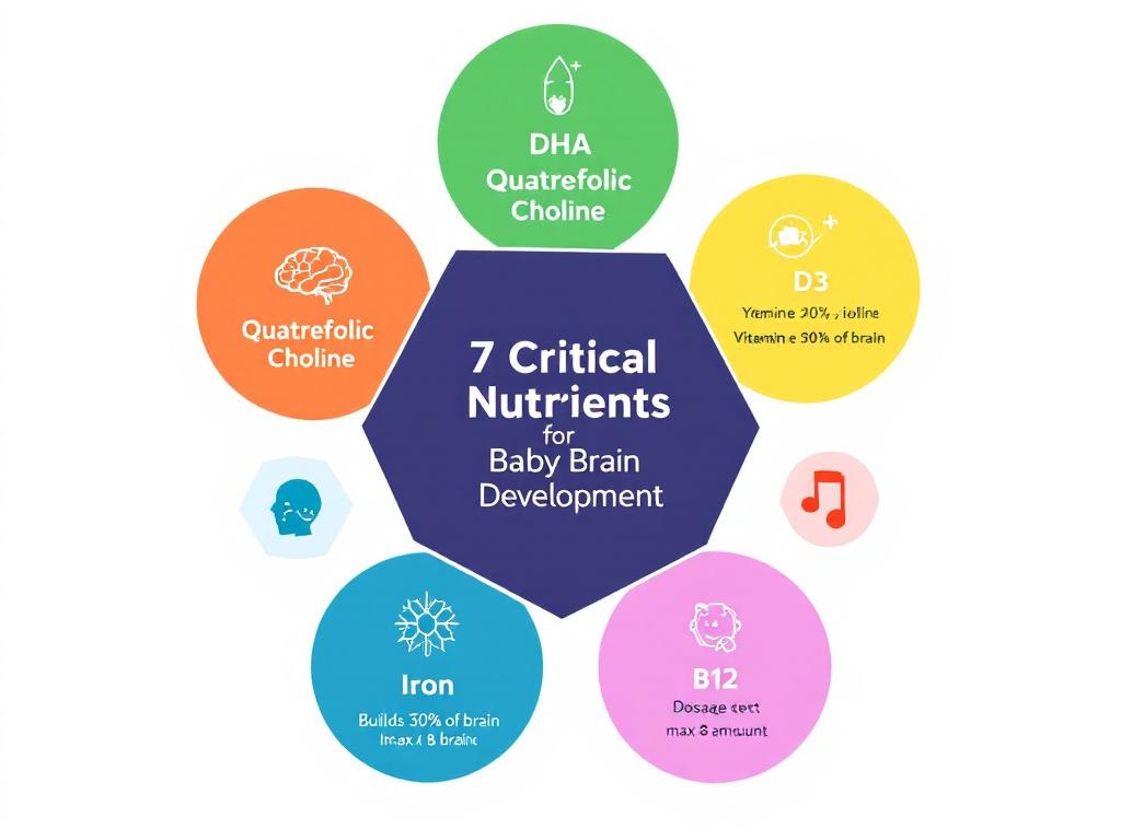 Infographic showing 7 critical nutrients for baby brain development: DHA, Quatrefolic, 
Choline, Vitamin D3, Iodine, Iron, and B12, with color-coded icons and key benefits