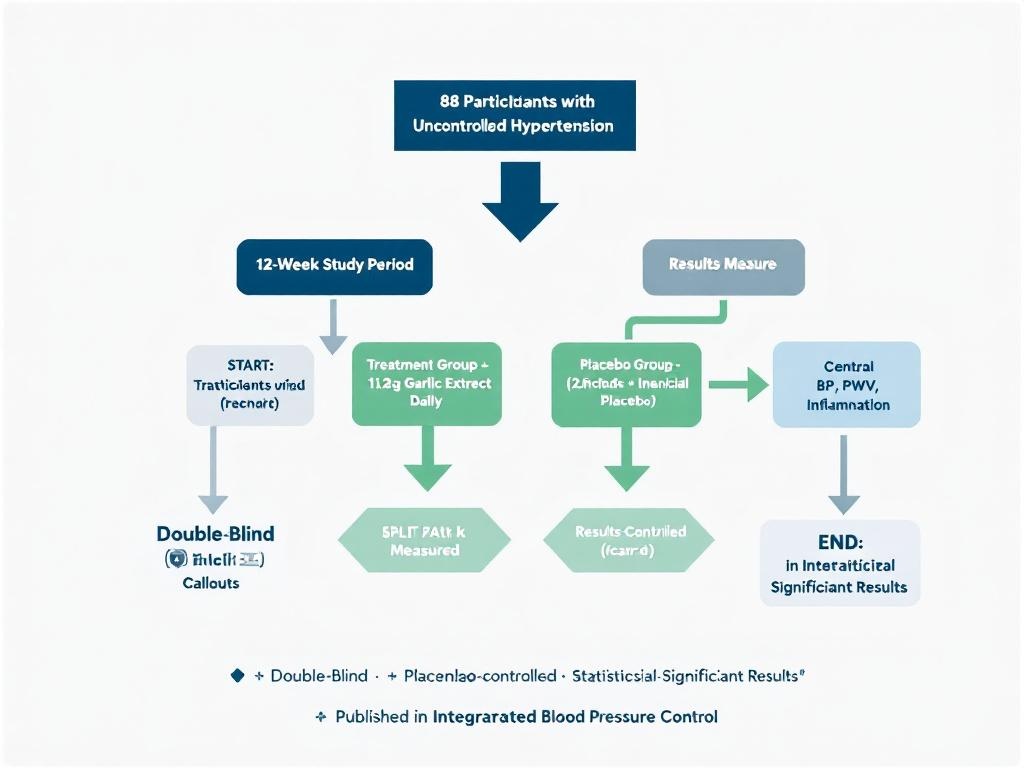 AGE at Heart trial flowchart showing double-blind randomized controlled study design 
with 88 participants over 12 weeks testing aged garlic extract
