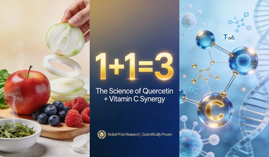 Quercetin + Vitamin C synergy 1+1=3 scientific evidence visualization: onions, apples, berries, green tea on left; molecular structures and T-cells on right showing immune support mechanism