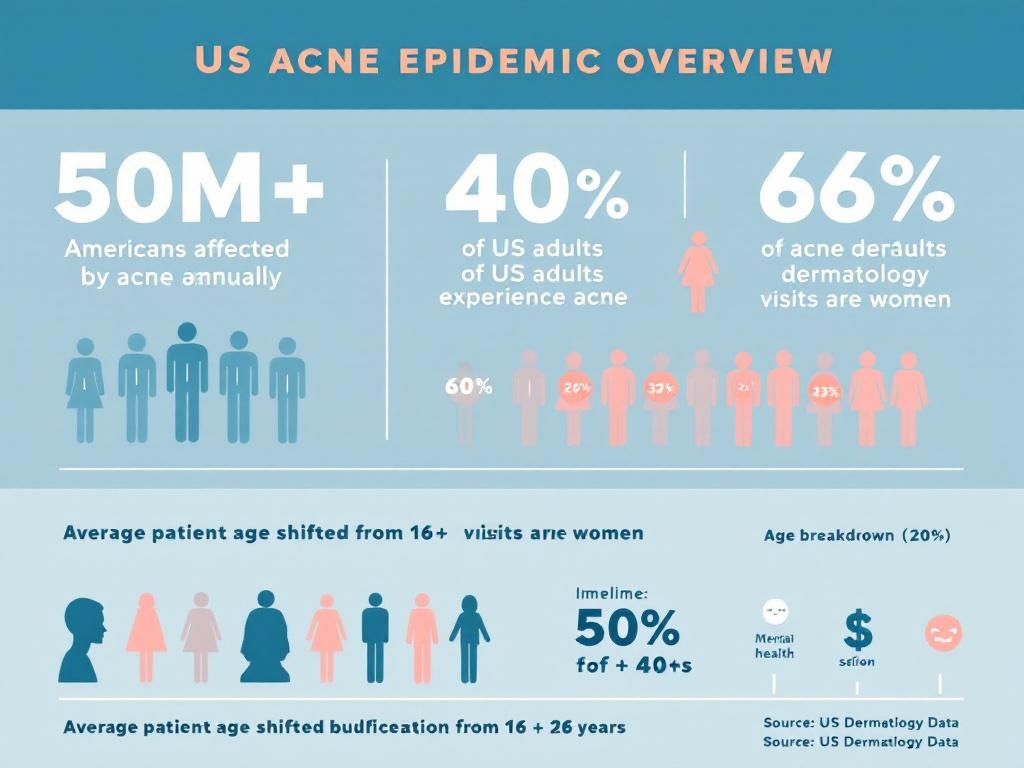 "Infographic showing US acne statistics: 50 million Americans affected, 66% of dermatology visits are women, prevalence by age group