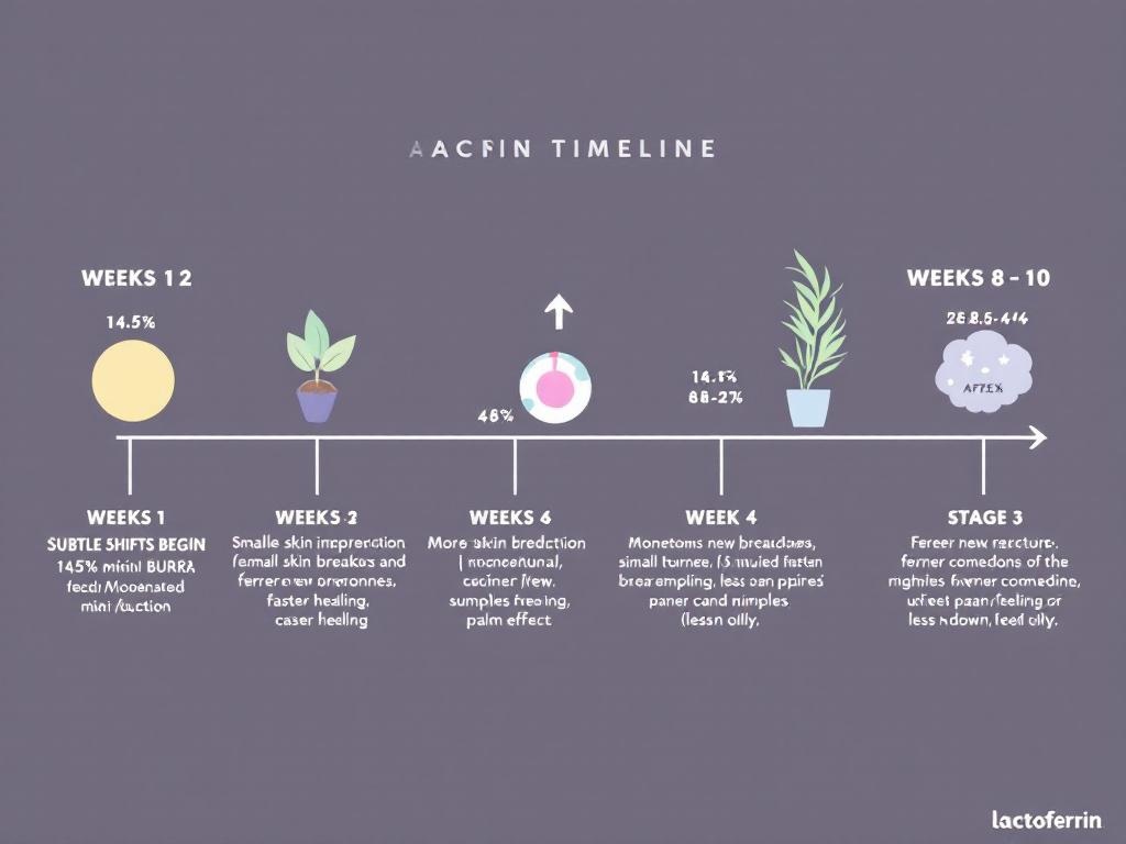 Week-by-week visual progression showing acne improvement timeline: subtle shifts week 2, momentum week 4-6, peak effect week 8-10, sustained results week 12