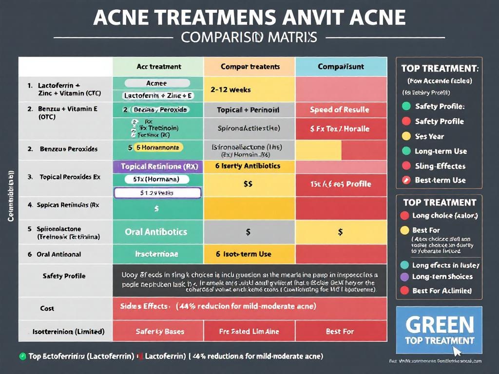 Comparison table of acne treatments: lactoferrin supplement vs benzoyl peroxide, retinoids, antibiotics, and Accutane showing speed, safety, cost, and side effects