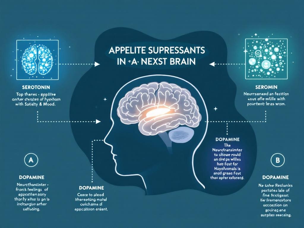 Infographic showing how appetite suppressants work in the brain: serotonin, dopamine, and norepinephrine neurotransmitter pathways in the hypothalamus hunger control center
