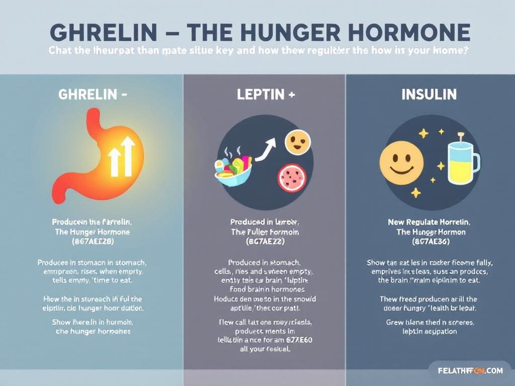 Infographic showing three hunger hormones: ghrelin, leptin, and insulin, illustrating how they regulate appetite and satiety in the body