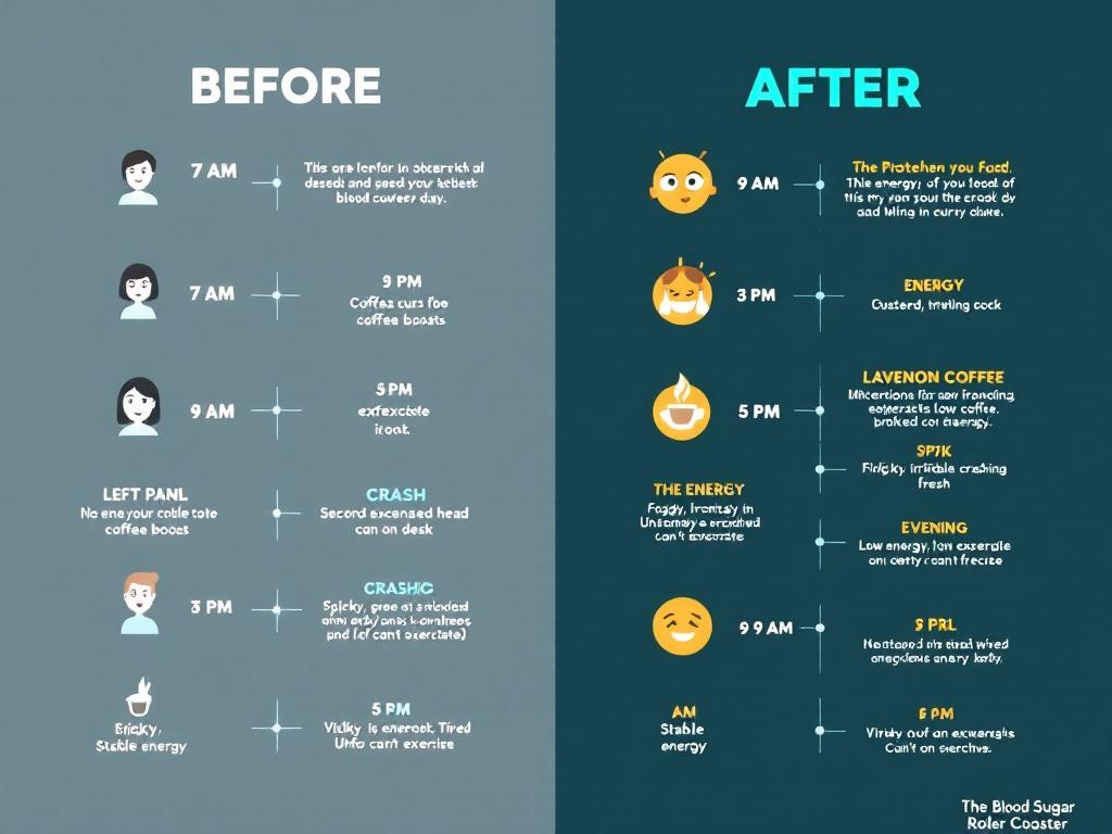 Before and after energy level comparison showing transformation from blood sugar
spikes and crashes to stable energy throughout the day with implementation of
meal sequencing, movement, and foundation habits