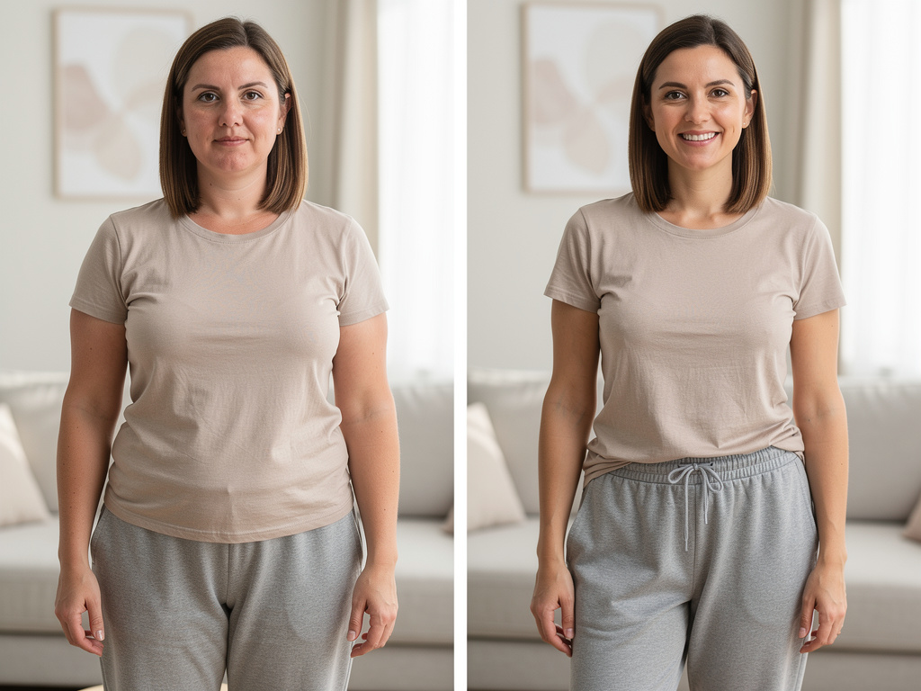 Before and after weight loss progress photos showing realistic 12-week transformation results