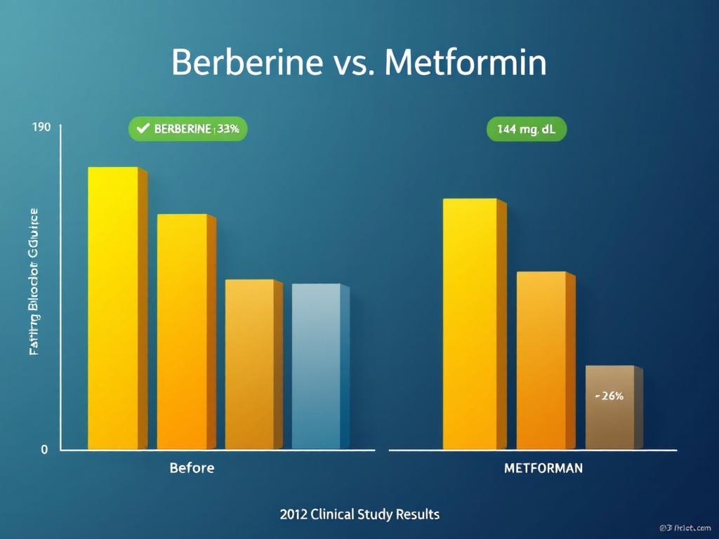 Clinical bar chart comparing fasting blood glucose reduction: Berberine (191→124 mg/dL, -33%) vs Metformin (190→141 mg/dL, -26%)