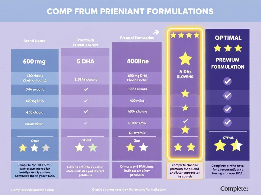 Comparison chart of top prenatal DHA supplements showing 600mg DHA with choline and Quatrefolic as optimal choice