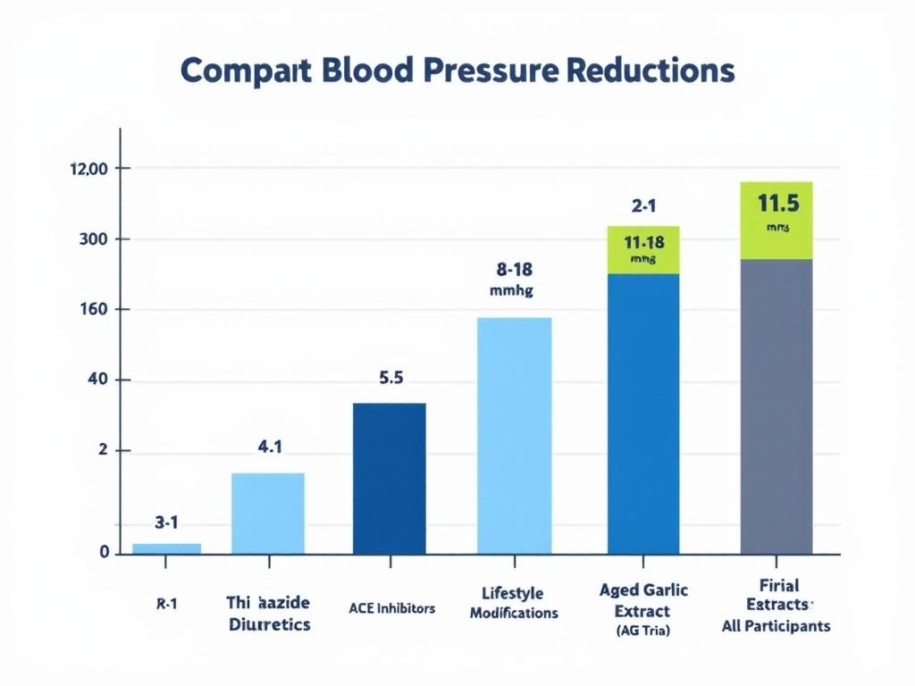 Blood pressure reduction comparison bar chart showing aged garlic extract 11.5 mmHg 
reduction compared to thiazide diuretics and ACE inhibitors in responders
