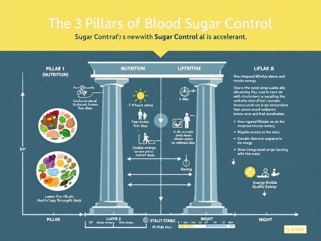 Three pillars of blood sugar control: nutrition with protein-first meals and fiber, lifestyle with sleep and exercise, and Sugar Control supplement for stabilizing glucose and appetite suppression