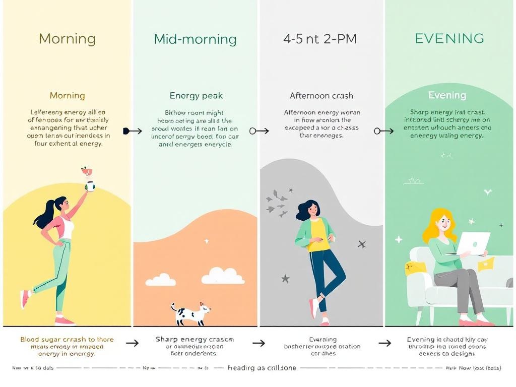 Blood sugar energy crash cycle infographic showing daily fatigue pattern 
from morning energy through afternoon exhaustion