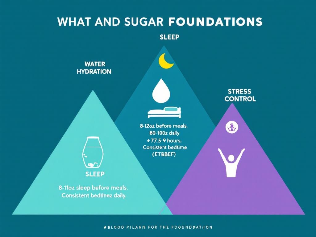 Blood sugar control foundation triangle showing three pillars of hydration,
sleep, and stress management contributing 30-40% of glucose regulation improvement