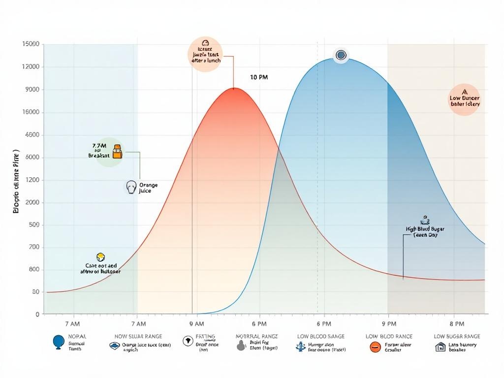 Blood sugar spikes and crashes throughout the day at 7 AM, 10 AM, 1 PM, 3 PM, and 6 PM, showing insulin release and glucose crashes causing unstable blood sugar and weight gain