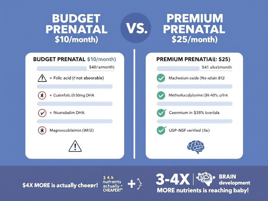 Budget vs premium prenatal vitamins comparison showing ingredient quality,
absorption rates, and cost per absorbed nutrient - reveals premium prenatal
vitamins with Quatrefolic and DHA are actually cheaper when calculating true
bioavailability and deliver 3-4x more nutrients to baby's developing brain