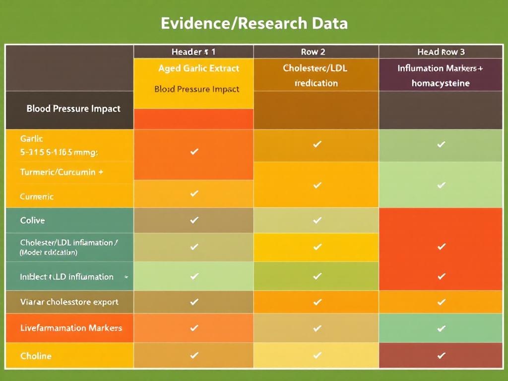 Research evidence comparison table showing clinical outcomes for aged garlic extract, 
olive extract, turmeric curcumin, and choline from peer-reviewed studies
