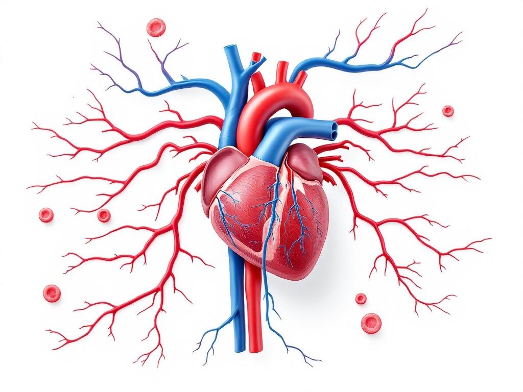 Human cardiovascular system illustration showing heart, arteries, and blood vessels 
with blood pressure indicators
