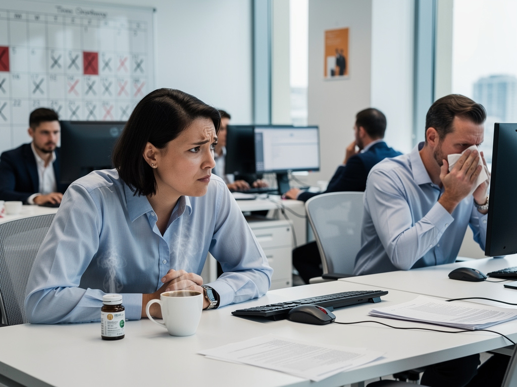 Person in office environment catching frequent colds while others remain healthy