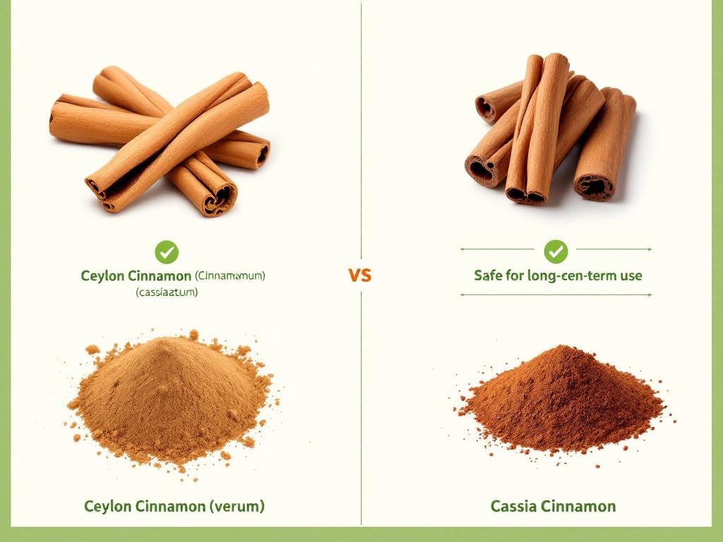 Comparison of Ceylon vs Cassia cinnamon showing color, thickness, structure, and coumarin content differences for blood sugar supplementation safety