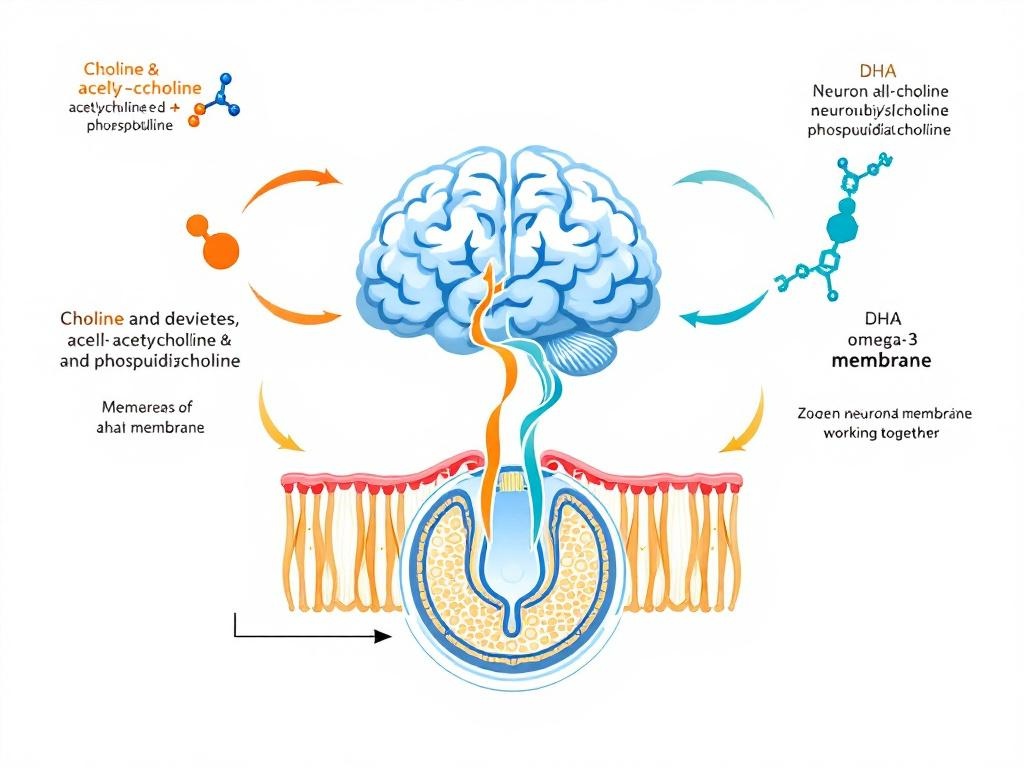 Scientific infographic showing synergistic relationship between choline and DHA 
in fetal brain development. Molecular structures of phospholipids, neural membranes, 
and neurotransmitter synthesis illustrating how 400mg choline + 600mg DHA work 
together for optimal cognitive development
