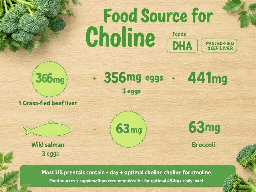 Choline food sources for pregnancy showing grass-fed beef liver (356mg), pastured eggs (147mg each), 
wild salmon (56mg), and broccoli (63mg) — visual guide to reaching 450mg daily recommendation