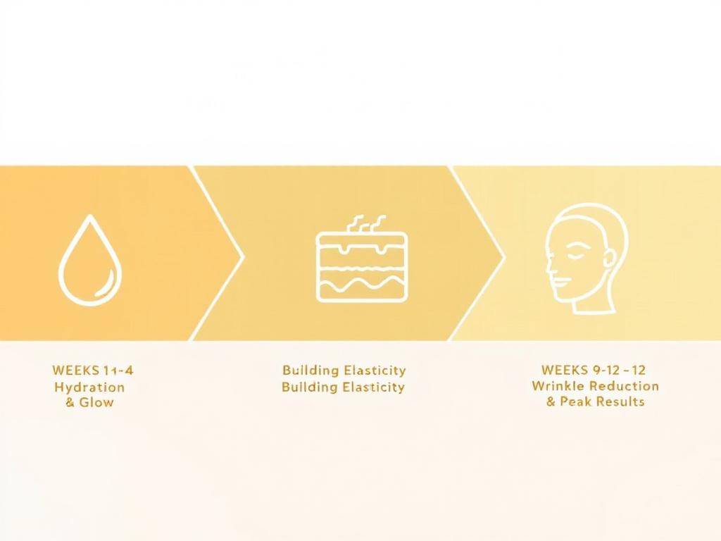 Timeline infographic illustrating the progression of collagen benefits from week 1 to week 12.