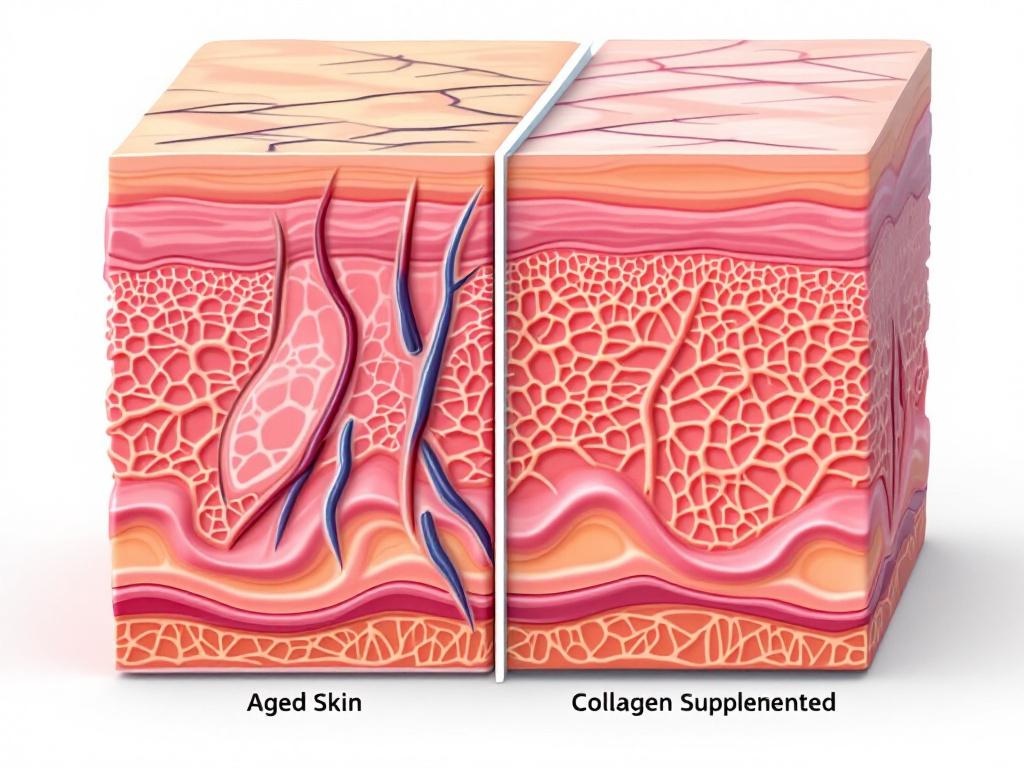 Medical illustration comparing a cross-section of aged skin with depleted collagen versus rejuvenated skin with replenished collagen fibers.