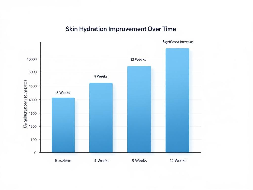 Bar chart illustrating the percentage increase in skin hydration levels after 4, 8, and 12 weeks of oral collagen supplementation based on clinical data.
