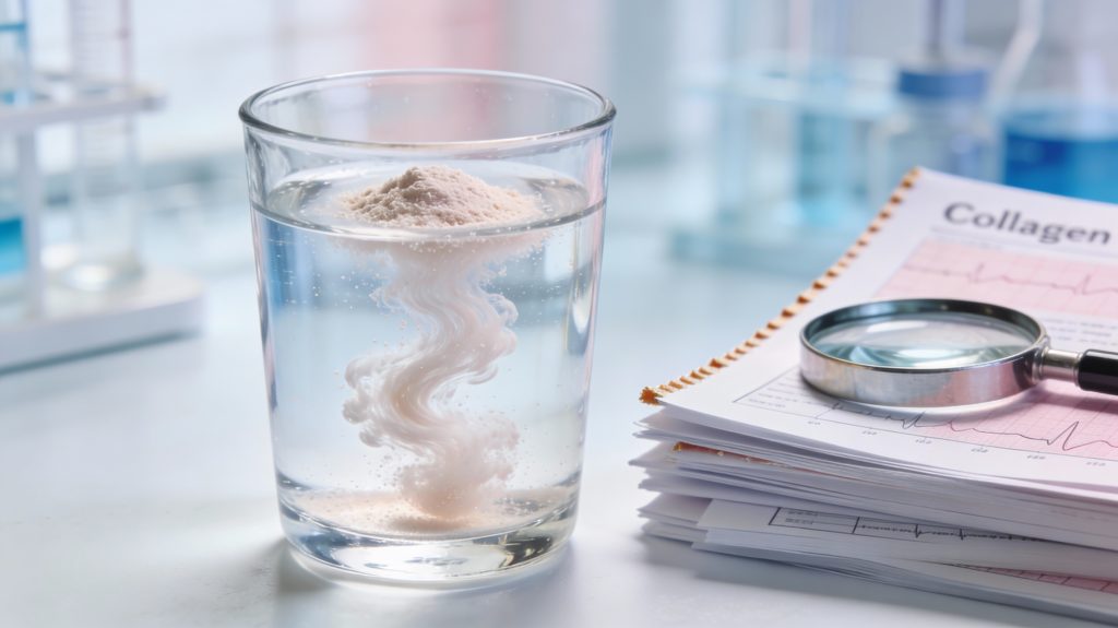 Glass of water with dissolving collagen powder next to medical research papers and a magnifying glass, illustrating scientific studies on skin aging