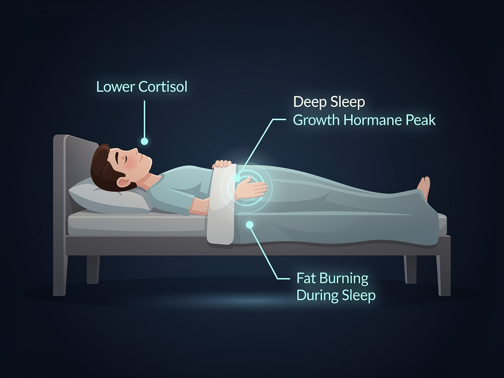 Diagram showing how deep sleep increases growth hormone secretion and reduces cortisol for nighttime fat burning