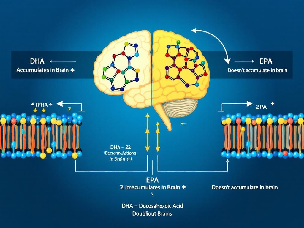 Molecular structure comparison of DHA and EPA showing 22-carbon vs 20-carbon chains with double bonds