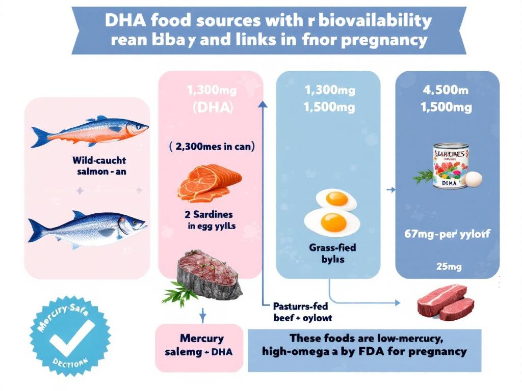 DHA food sources ranked by bioavailability: wild salmon (2,300mg), sardines (1,500mg), 
pastured eggs (67mg), and grass-fed beef (25mg) — all low-mercury options safe for pregnancy