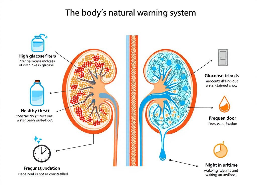 Medical kidney filtration illustration showing how high blood sugar causes 
excessive thirst and frequent urination as body's warning system