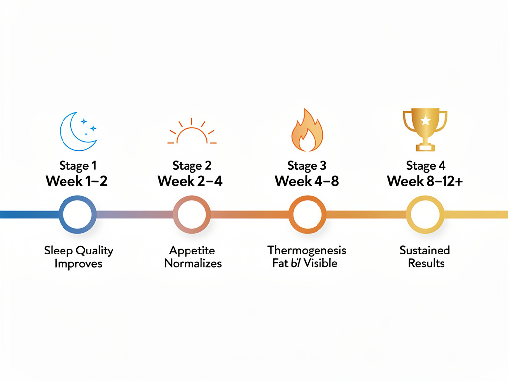 Timeline results showing how people burn fat while they sleep without stimulants using Night Mega Burner over 4-8 weeks