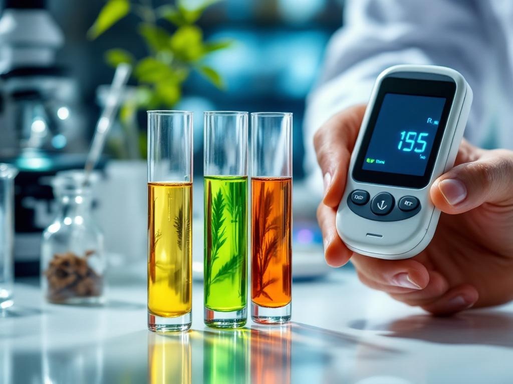 Laboratory beakers with vibrant herbal extracts (golden berberine, green Gymnema, brown cinnamon, golden fenugreek) beside a hand holding a digital glucose meter showing normal 92 mg/dL reading