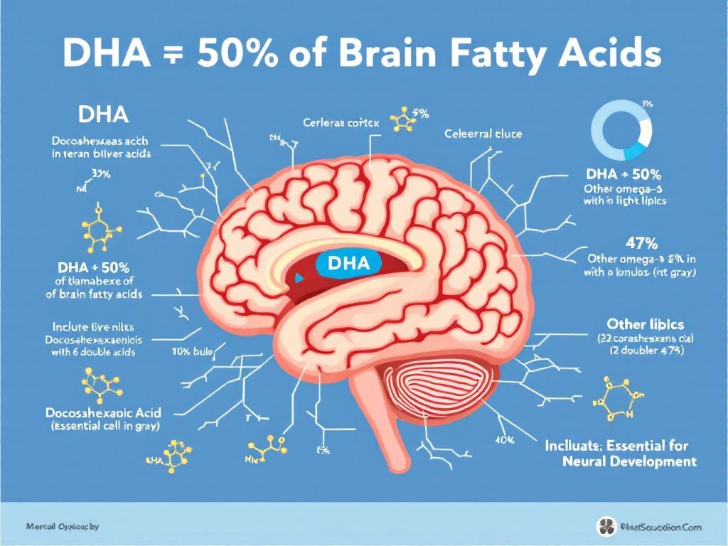Diagram showing DHA comprises 50% of fetal brain fatty acid composition with neural cells structure