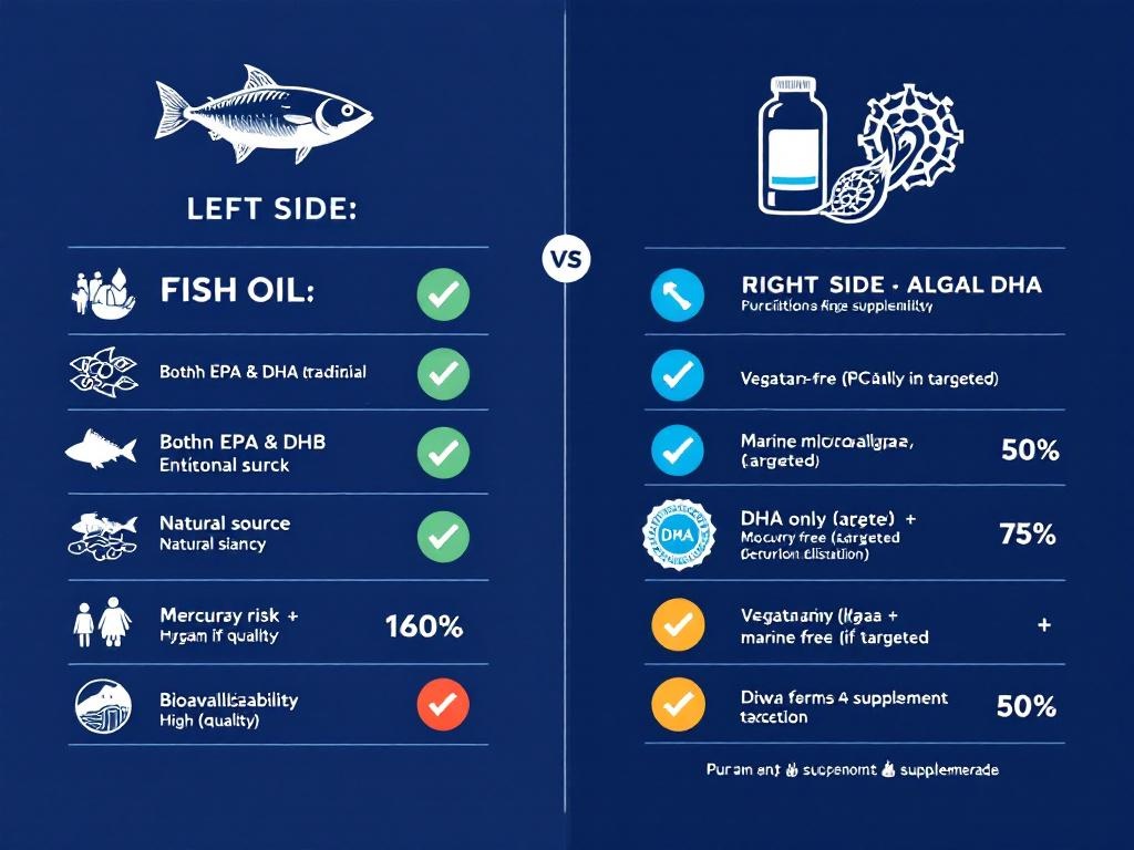 Comparison of fish oil versus algal DHA sources showing bioavailability, purity, and environmental impact