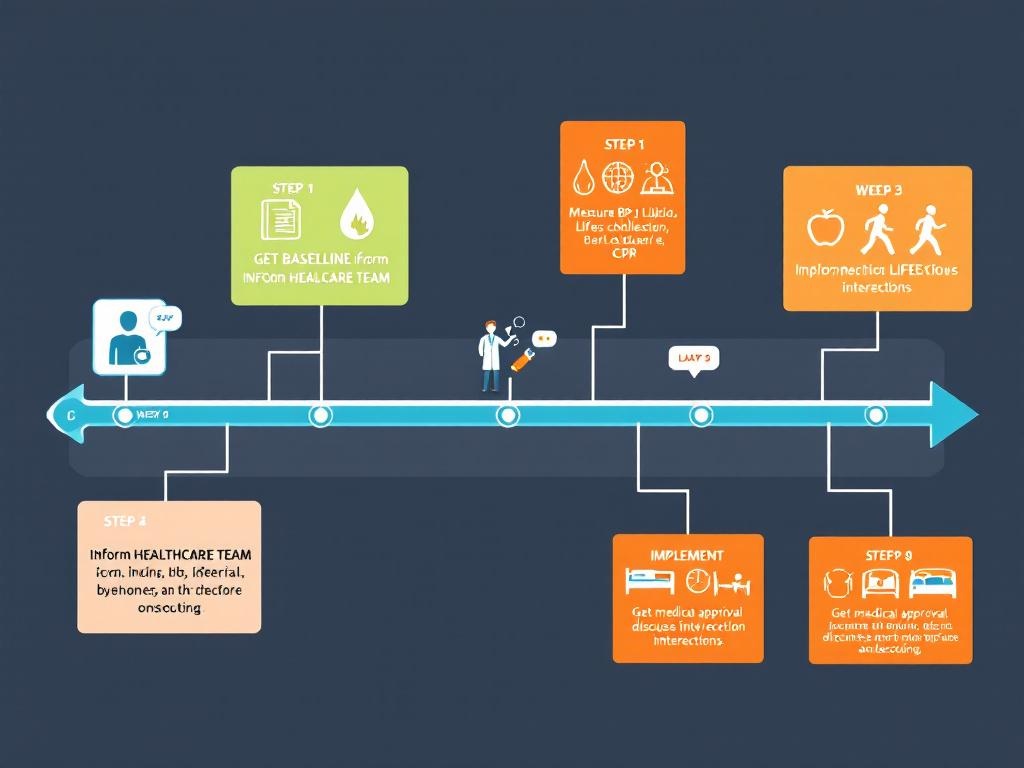 Five-step action plan timeline for cardiovascular health showing steps from baseline 
measurement through evaluation of Lipid Control Plus results
