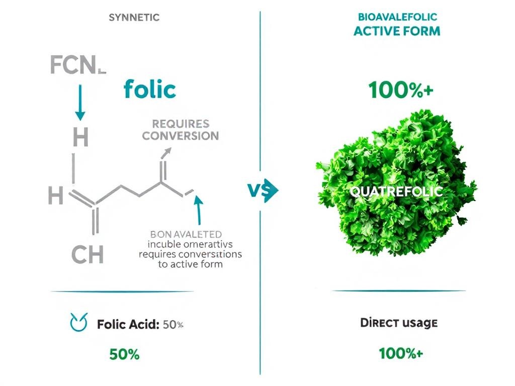 Comparison of synthetic folic acid vs Quatrefolic 5-MTHF molecule structure showing bioavailability difference - folic acid requires conversion enzyme while Quatrefolic is active form ready for body absorption - 50% vs 100% bioavailability in prenatal vitamins