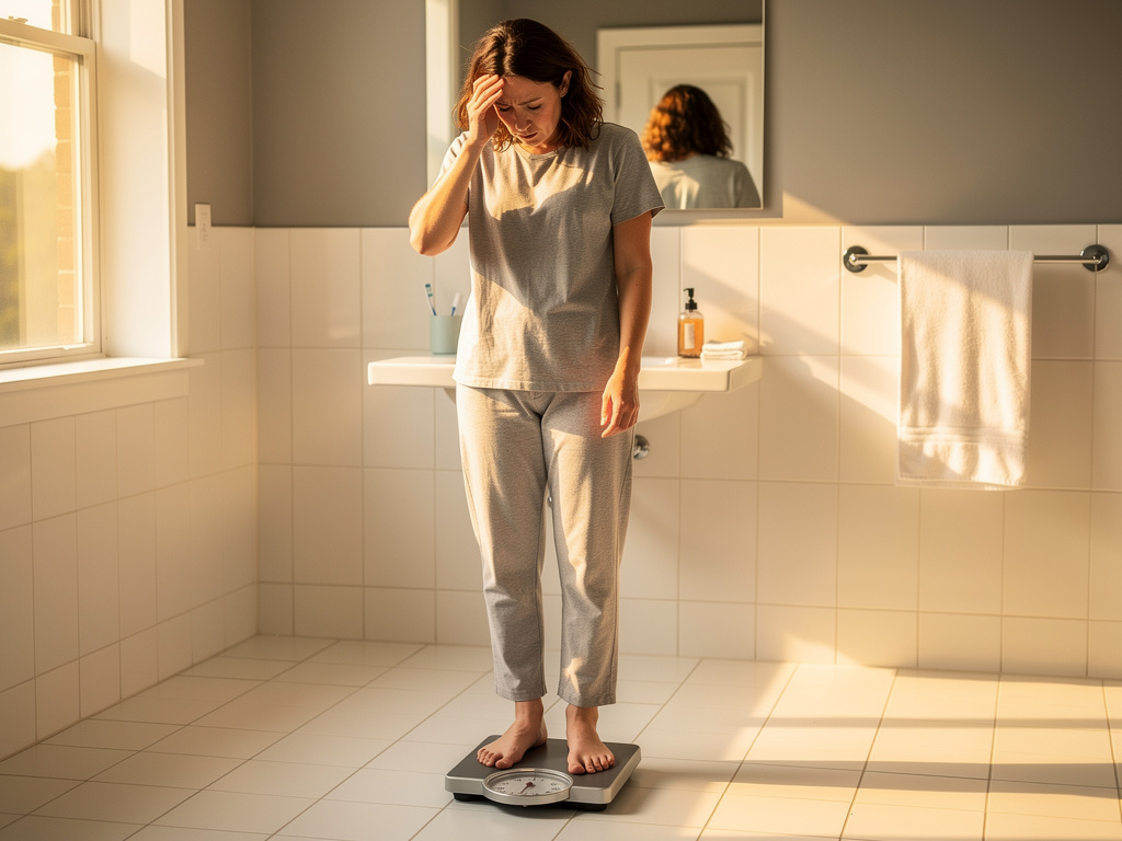 Frustrated woman on bathroom scale showing no weight loss despite diet and exercise efforts