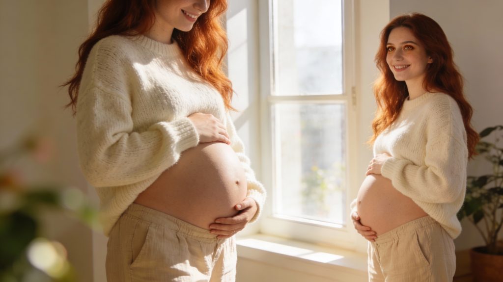 Pregnant woman in cream maternity sweater touching belly, holding prenatal vitamin supplement. Natural lifestyle photograph representing DHA and omega-3 prenatal nutrition for healthy pregnancy.