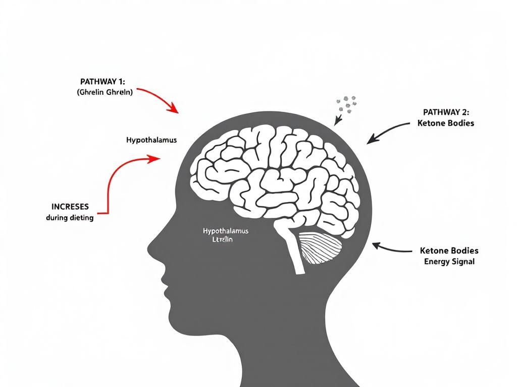 Diagram showing appetite hormones on ketogenic diet: ghrelin suppressed, leptin balanced, ketone bodies signal satiety to brain