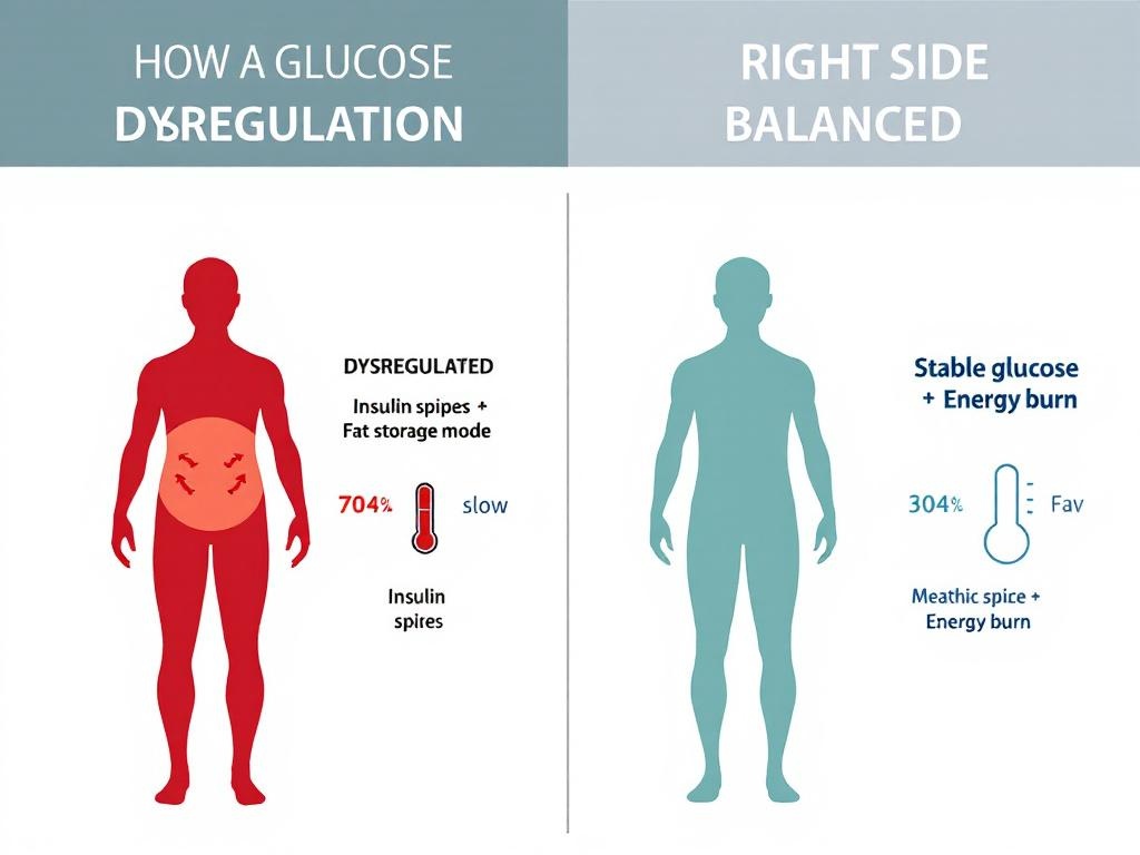 Illustrated infographic comparing dysregulated versus balanced glucose 
effect on metabolism and weight showing insulin response differences