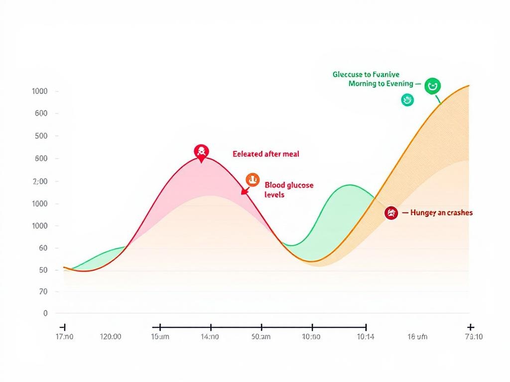 Medical infographic showing blood sugar spike and crash cycle graph with 
glucose dysregulation triggering sugar cravings
