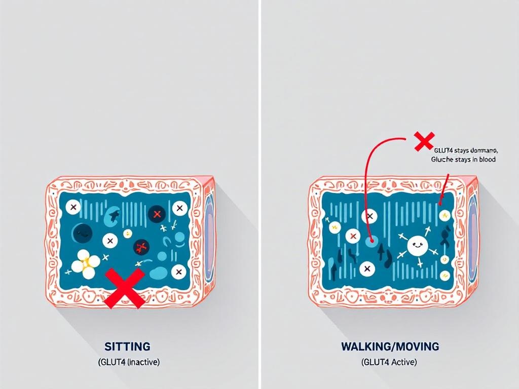 GLUT4 glucose transporter activation diagram showing how muscle cells pull
glucose from bloodstream when active versus sitting, illustrating mechanism
of post-meal movement for blood sugar control