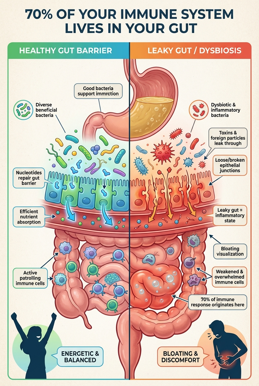 Comparison of healthy gut immunity versus gut dysbiosis showing 70% immune system location