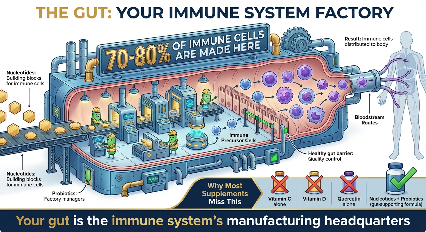 Gut immunity infographic showing 70% of immune cells originate in the gut with nucleotides and probiotics